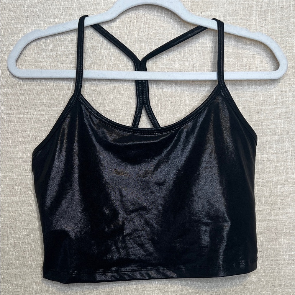 Beyond Yoga Black Shiny Strappy Cropped Tank with built in bra